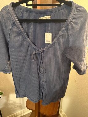 We The Free Dusty Blue Tie-Front Textured Short Sleeve Top -#016S